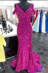 Mermaid Off-the-Shoulder Fuchsia Sequins Long Prom Dress